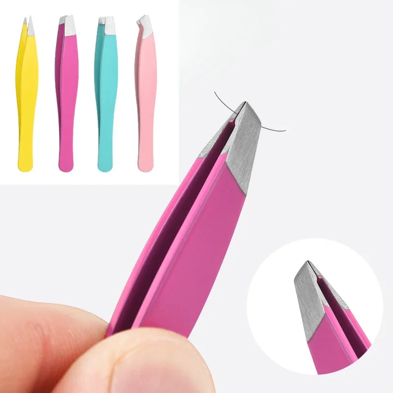 Stainless Steel Hair Removal Tweezers Pink Slanted Black Tip Point Face Harmless  Gadget Kitchen Tools