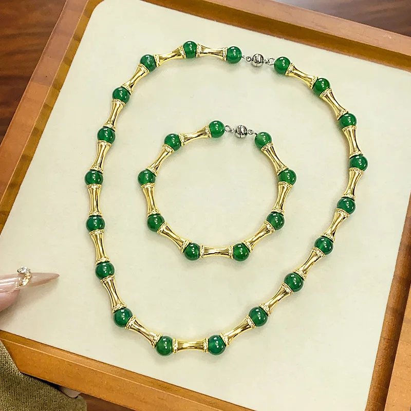 New Chinese Style New Jewelry Set Bracelet Clavicle Chain Natural Green Chalcedony Beaded High-end Women