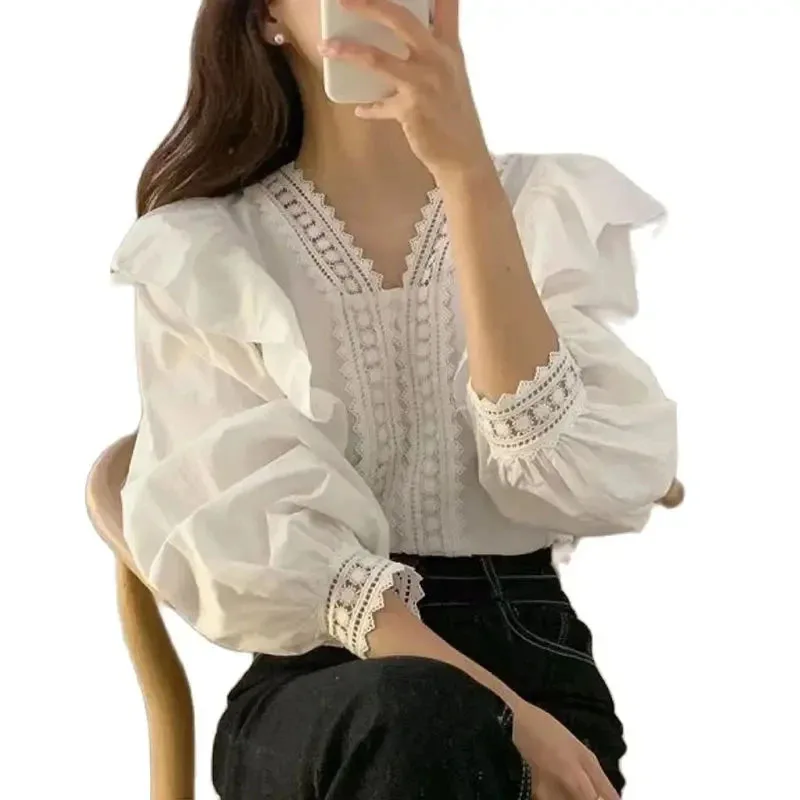 Chic Korean Style V-neck Loose Casual Puff Sleeve Ruffles Women Blouse Spring Summer Women Blouses Long Sleeve Lady Tops 1983