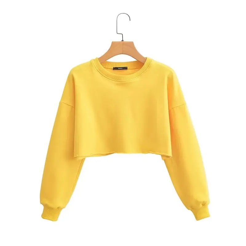 Yellow Short Hoodies Women Spring Summer O-Neck Long Sleeves Midriff-baring Sweater Fashion Trend All-matched Loose Dance Tops