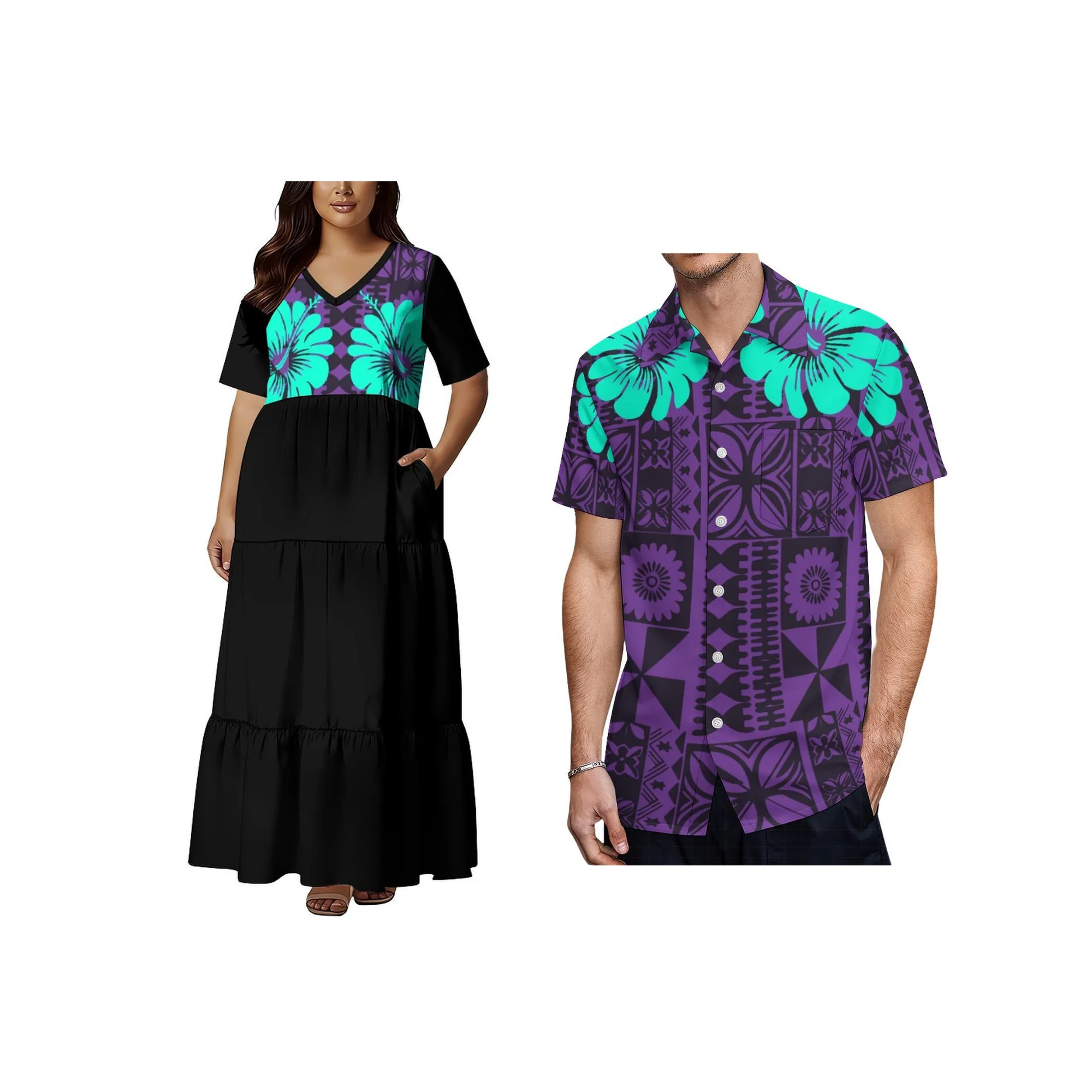 

Design Custom Women Long Maxi Dress Pacific Island Print Plus Size Short Sleeve Multi Tiered Dress V-neck With Pocke Loose Dress