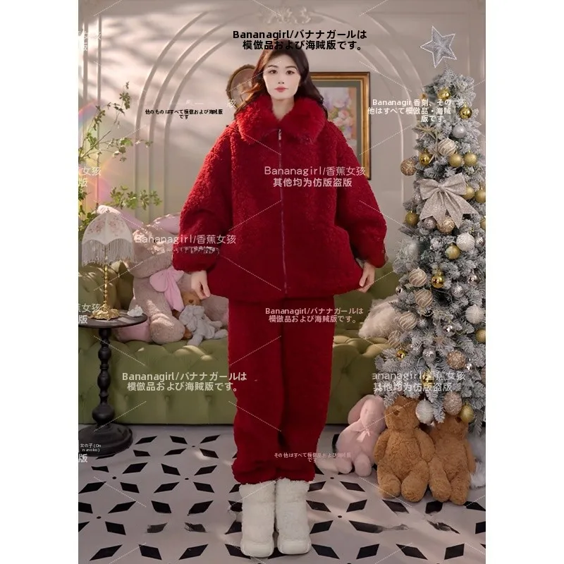 pigiama-invernale-da-donna-in-pile-corallo-ispessito-con-cappuccio-rosso-per-casa-e-attivita-all'aperto-pantaloni-lunghi-morbidi
