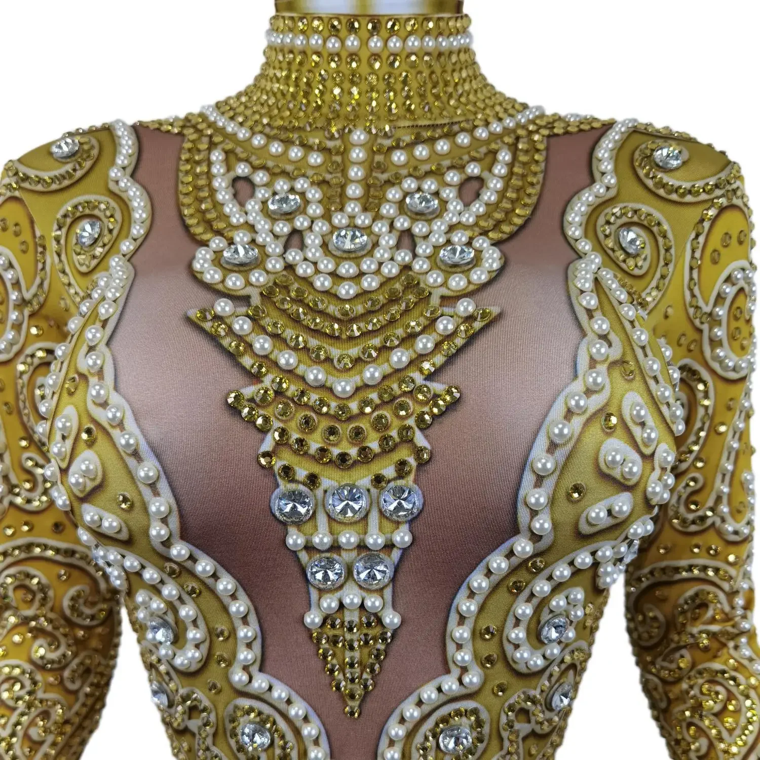 Sexy brilhante strass ouro elastano macacão manga longa festa de aniversário roupa dançarino cantor mostrar macacão palco wear quanquan