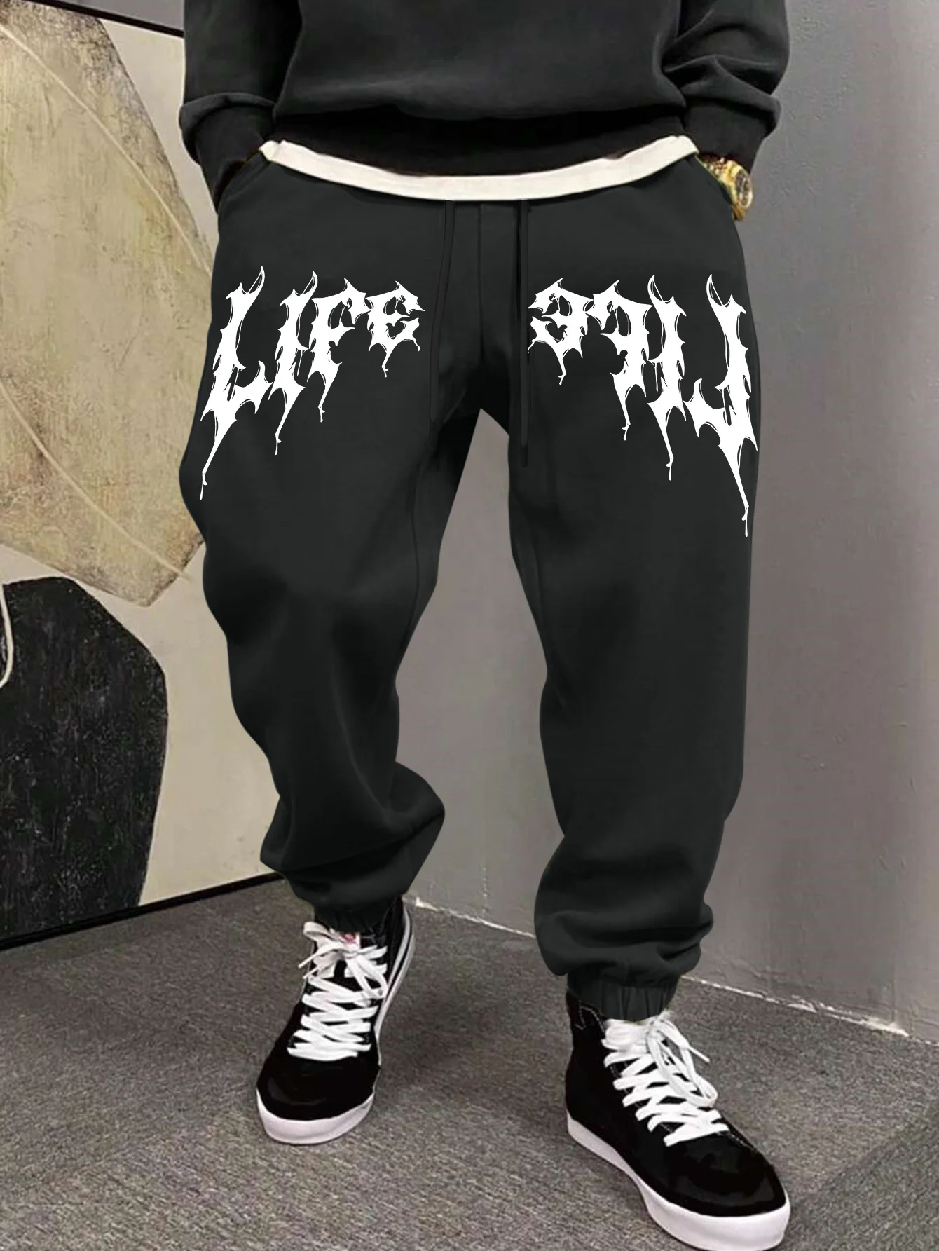 Men's Aesthetic Dark Gothic Letter Art Print Sweatpants Elastic Waist Joggers Cozy Goth Daily Street Fashion Bottoms