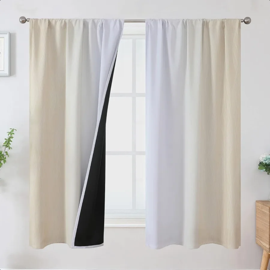 

Beige and White Blackout Curtains for Bedroom Light Blocking Two Tone Gradient Drapes with Wave Line Pattern Room Darkening Rod