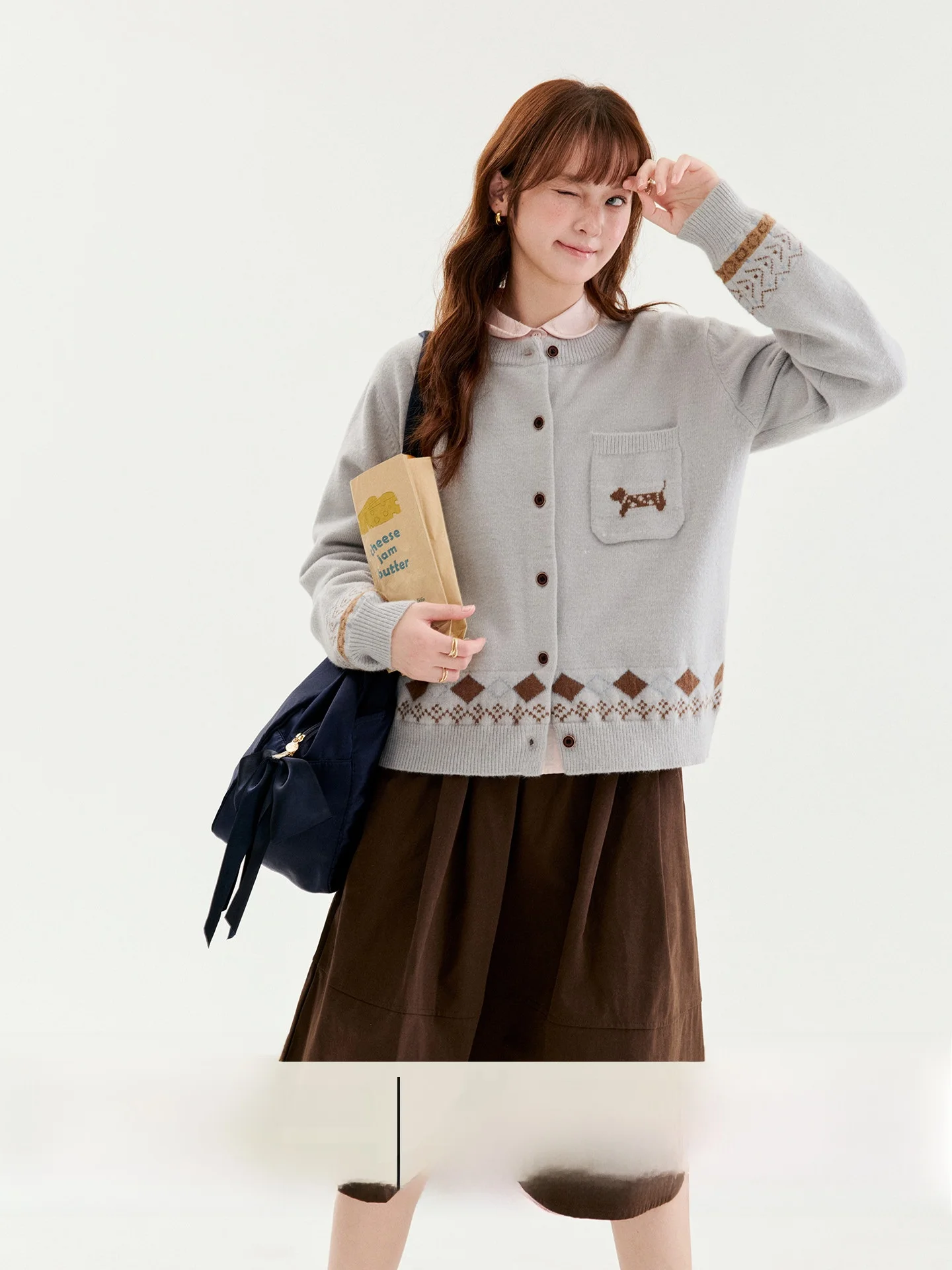 Original AMUU North Island Fair Isle Long Sleeve Knitted Cardigan Women's Autumn New Style Anti-Aging Dog Pattern Sweater