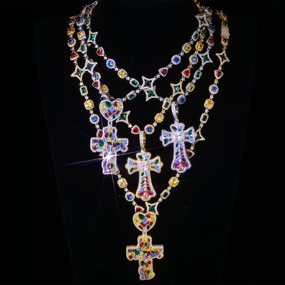 

Trendy New Arrivals Cross Pendant Necklace Fancy Cut Diamonds Fashion Iced Out Multi-Colored Gemstones Chain Hip Hop Jewelry