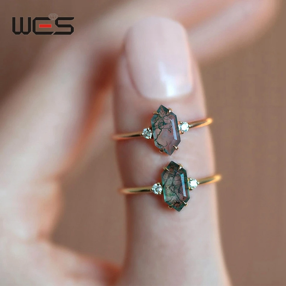 WES 100% 925 Silver Natural 5*10mm Moss Agate Gold Open Rings For Woman Geometric Engagement Gift Fine Jewelry Wholesale