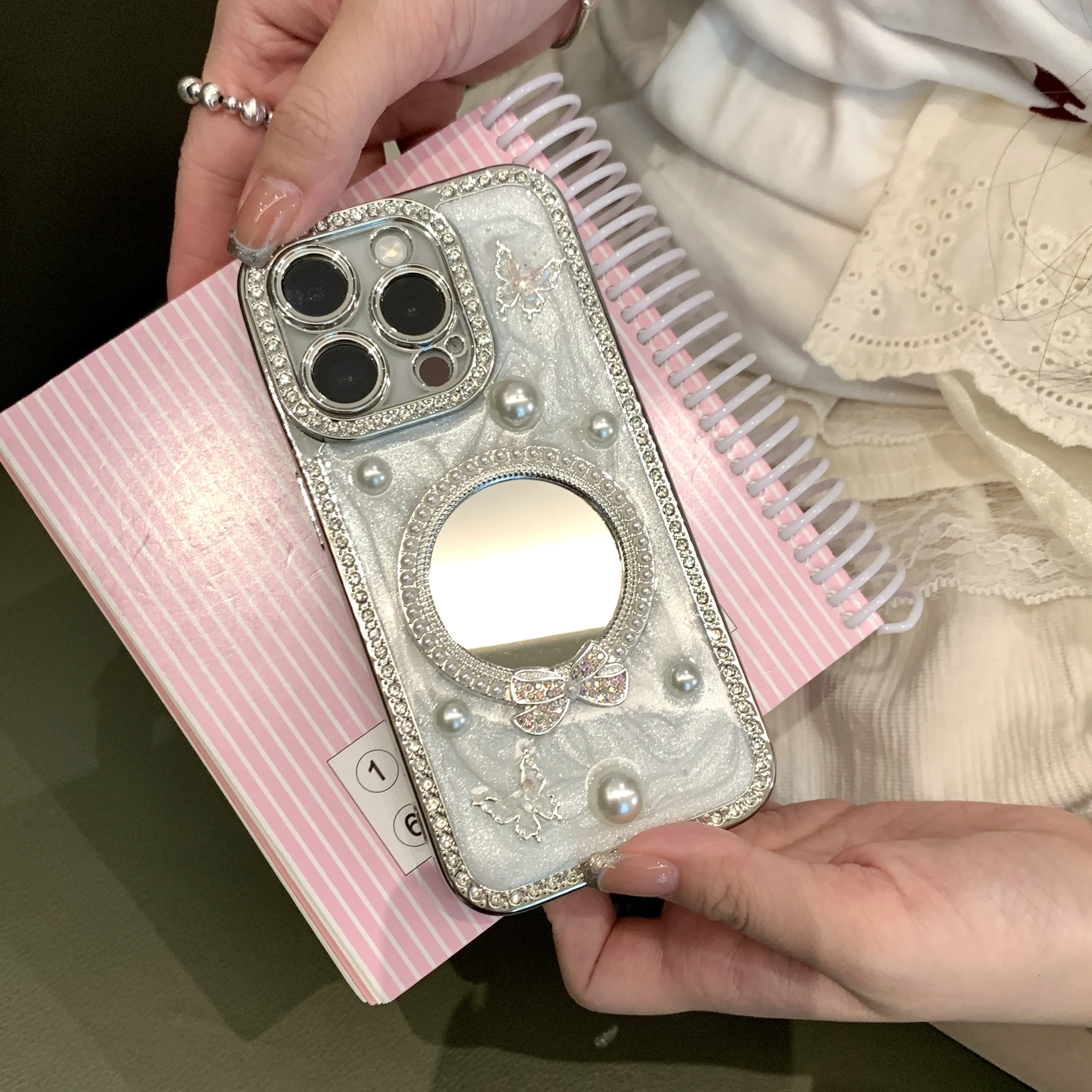 Funda de teléfono con marco de circón brillante coreano INS, espejo cosmético y decoración de perlas para iPhone 16 15 14 13 Pro Max, funda trasera para teléfono Capa