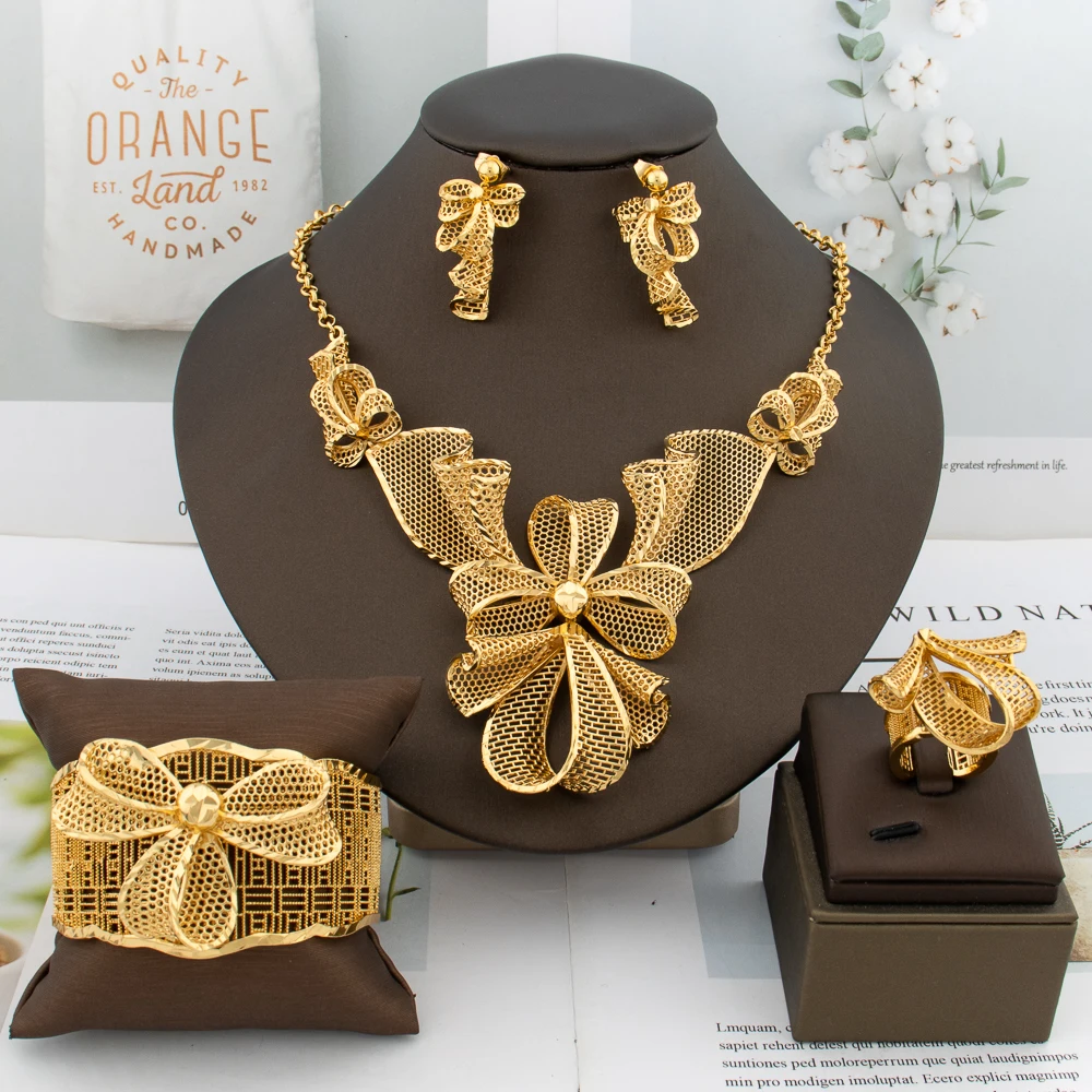 Arab Big Jewelry Set for Women Dubai African 18K Gold Plated Necklace Earrings Bow-tie Design Flower Shape Wedding Bride Jewelry