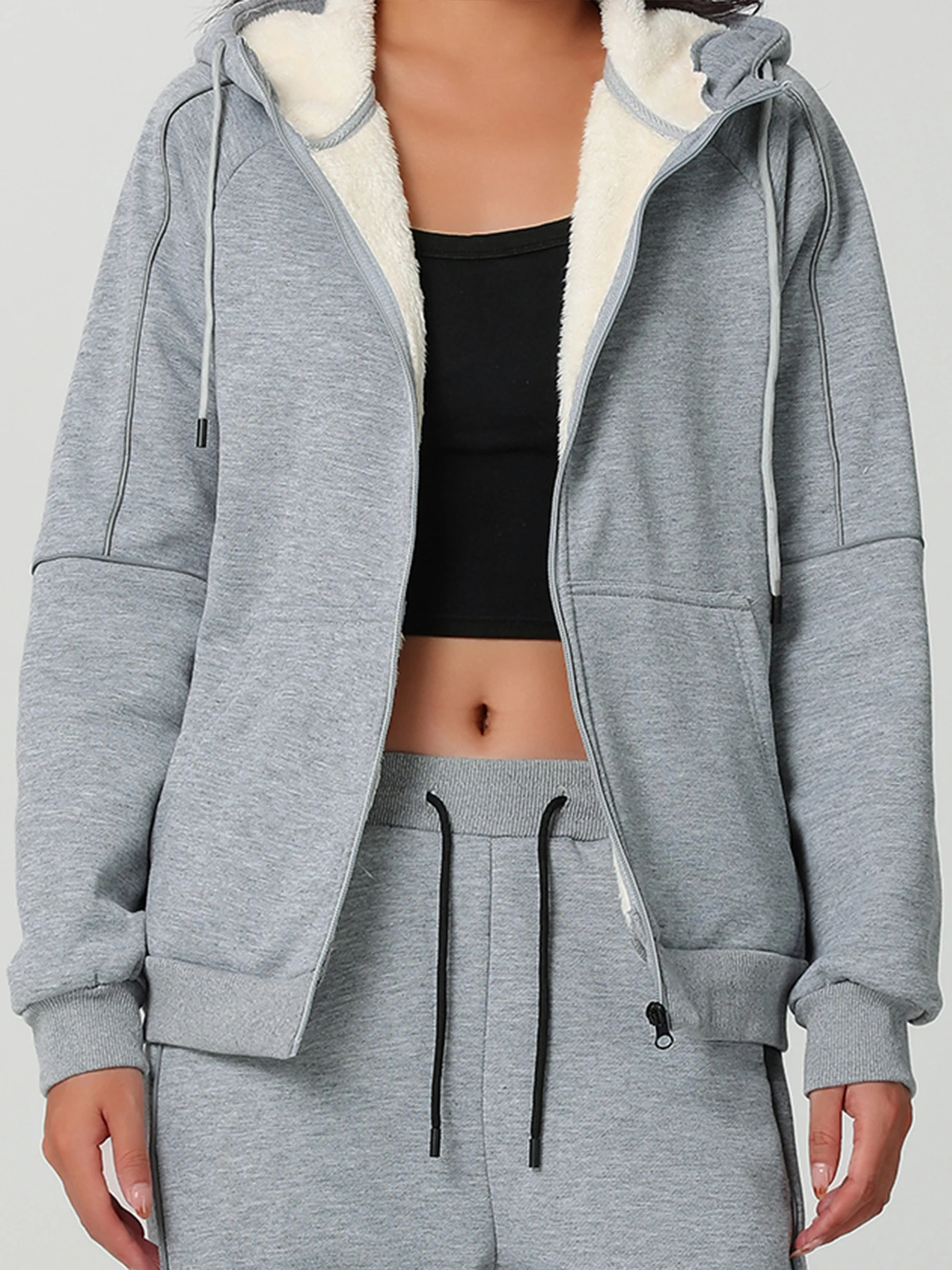 

A Women's Autumn and Winter Jacket, Fleece-Lined and Thickened for Warmth, Loose Casual Women's Top, Polyester Fabric, Zip-Up Front, Large Side Pockets, Solid Color Hooded Jacket, Women's Fleece Jacket and Coat