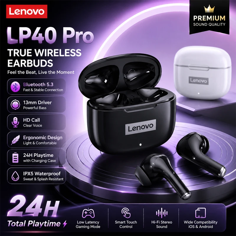 Choice Lenovo LP40 Pro Bluetooth Earphones TWS Wireless HiFi Stereo Immersive Music Headphone HD Call Sport Touch Control Earbud