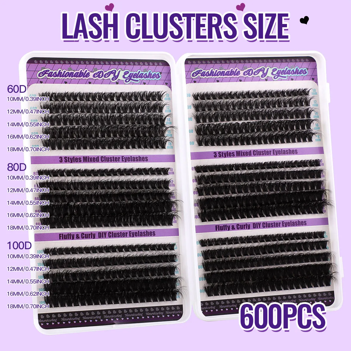 600PCS Fluffy Volume False Eyelashes Bond and Seal Lash Remover Kit Individual Cluster 60D 80D 100D Natural Eyelash Extensions