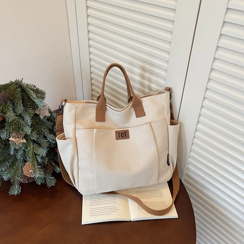 Korean Version Simple Canvas Handbag Large Capacity Fashion Versatile Tote Bag Casual Commuting Student Shoulder Bag Women