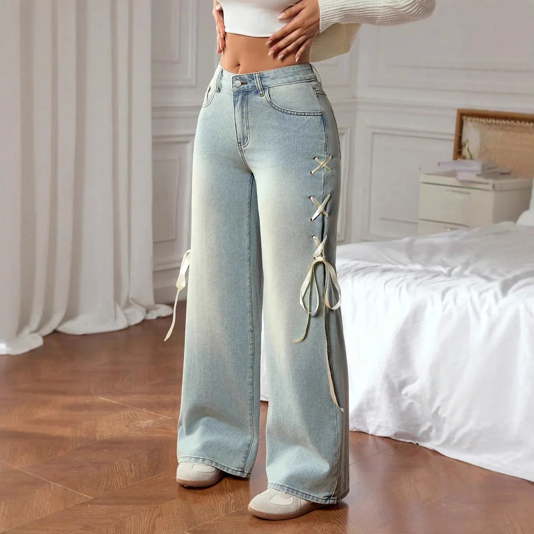 2026 Spring Women's Straight Leg Design Slimming ribbon Jeans Loose Fit Wide Leg Design Sensibility Light Colour Female Pants