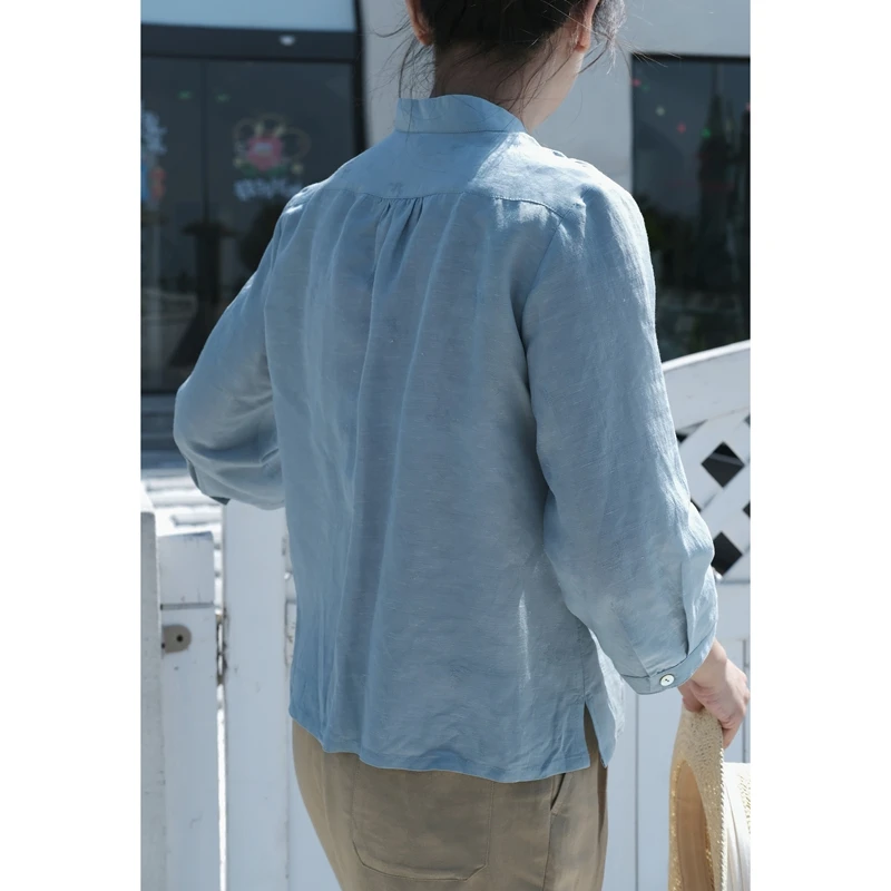 

Голубой льняной воротник-стойка с вышивкой Lake Blue Long Sve, женский удобный дышащий летний повседневный стиль