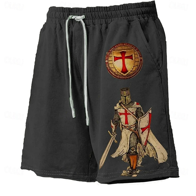 Men's Knights Templar 3D Print Cross Design Board Shorts Summer Hawaiian Casual Holiday Beach Drawstring Swim Trunks Quick Dry