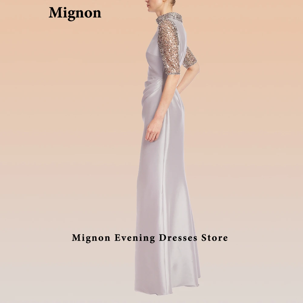 Mignon Satin High neck Beading Pleat Half Sleeve Evening Dress Prom Gown Dress Elegant Evening Party Dress for Women 2024