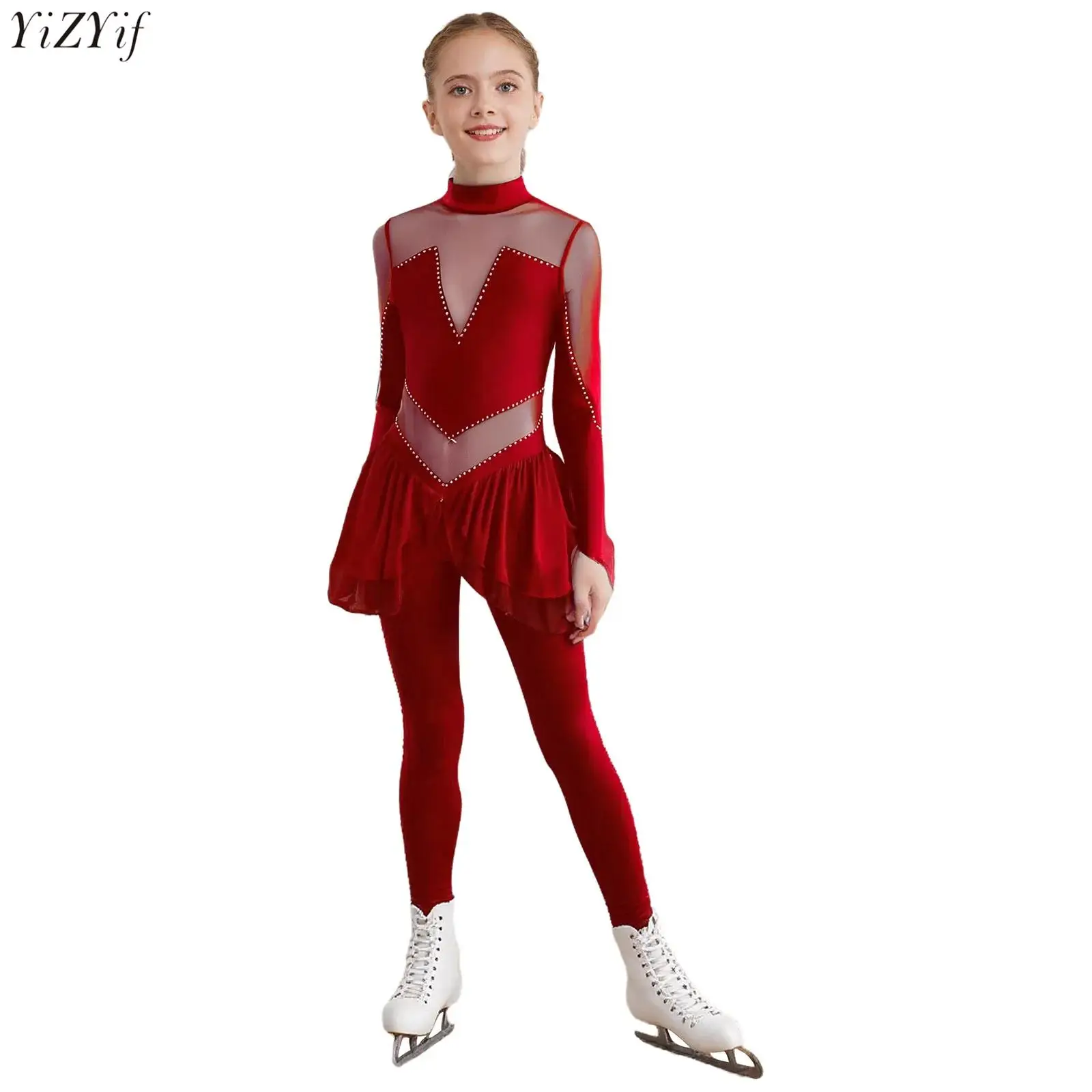 

Kids Girls Figure Skating Acrobatic Gymnastics Performance Jumpsuit Long Sleeve Sheer Mesh Patchwork Shiny Rhinestones Bodysuit