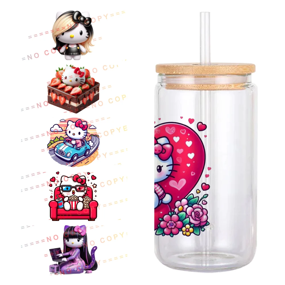 Hello Kitty Sanrio Chracter Pink Design UV DTF Printed Wrap Sticker for Cup Glass Can Waterproof Small Size 11x11cm