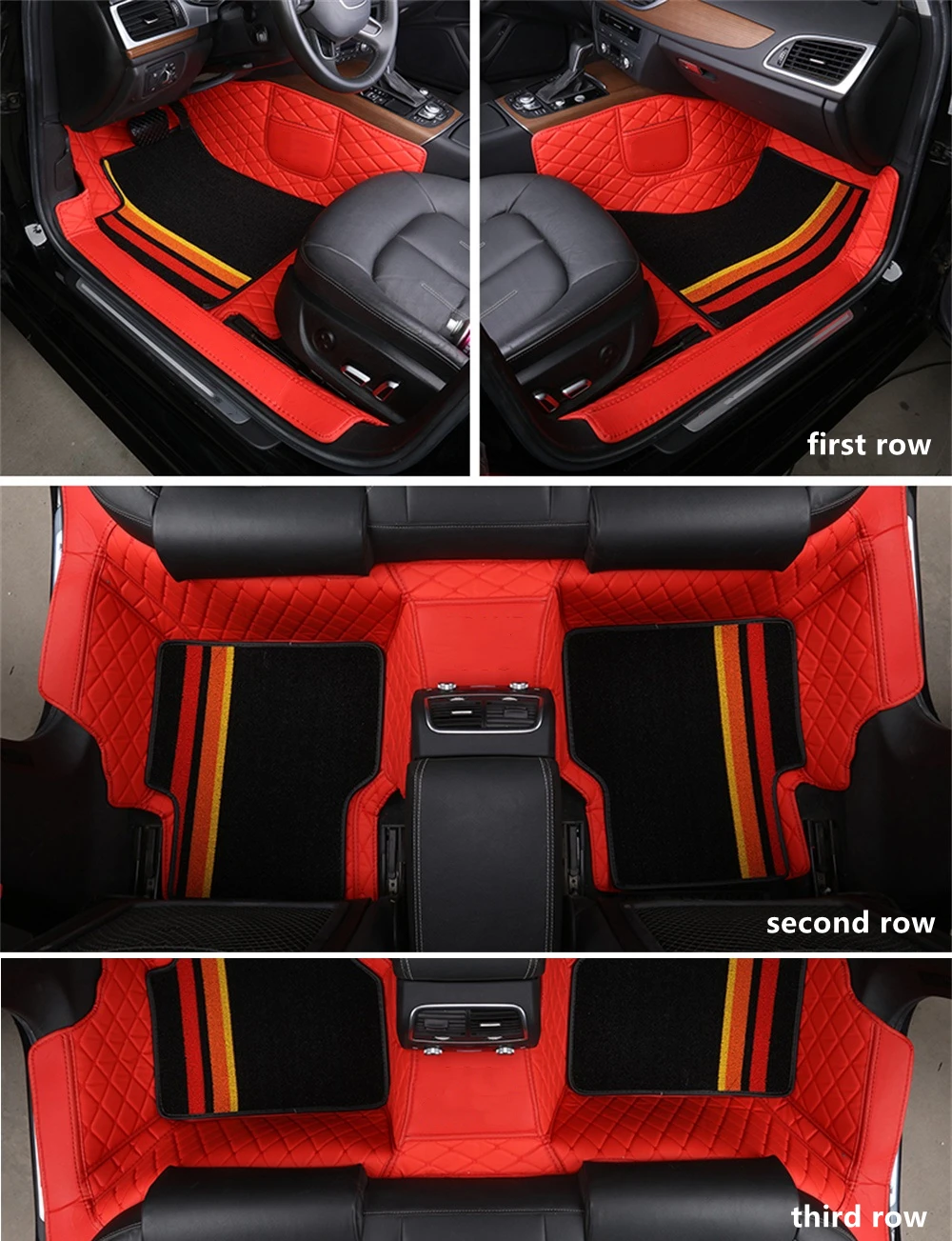 Custom Fit Car Floor Mat Double Layers ECO Leather with Carpet Full Set with Logo Left Right Hand Drive  (For 3 Rows Only)