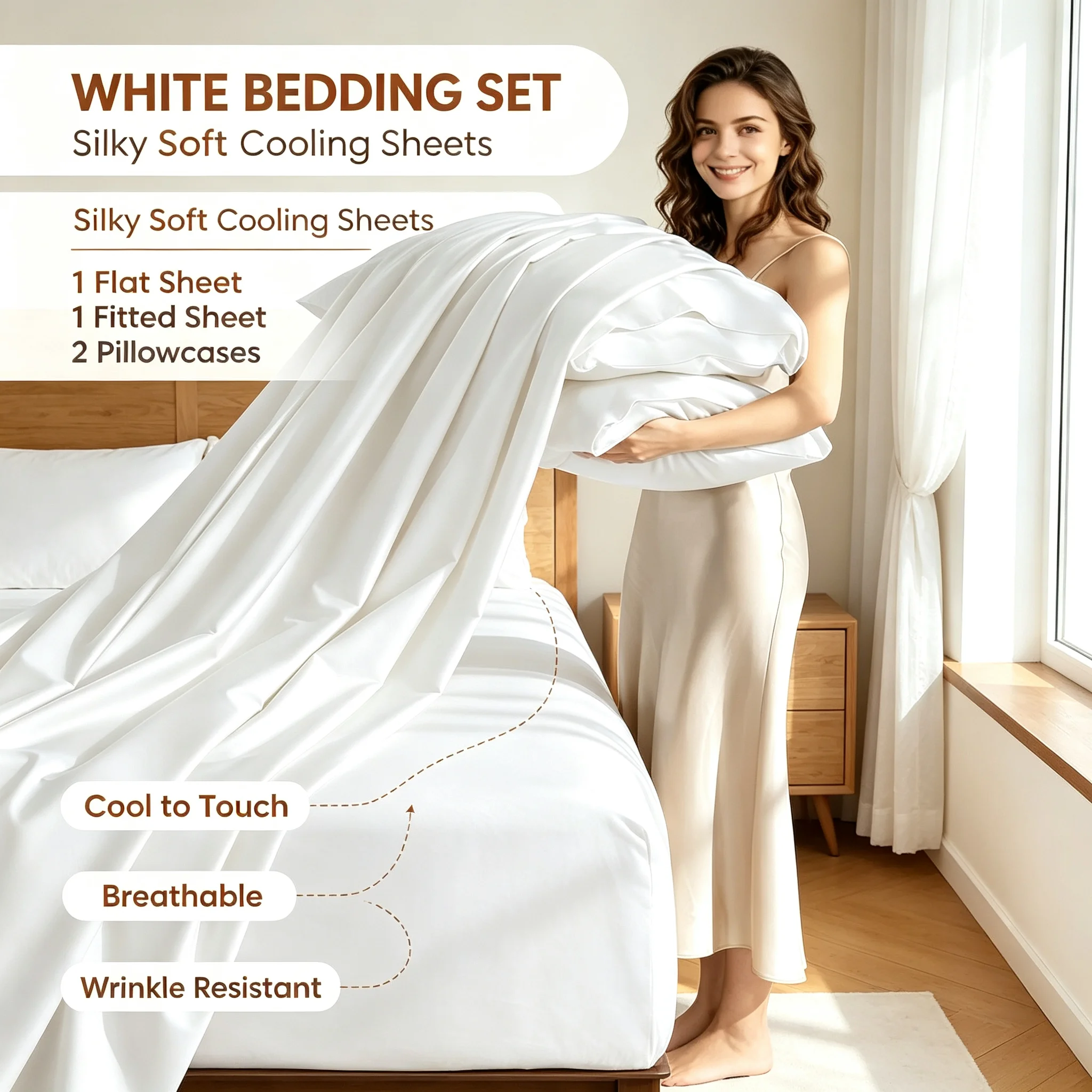 Cooling Bamboo Rayon Bed Sheets 4‑Pieces Set, Silky Soft Breathable Moisture Wicking Wrinkle Resistant Bedding, Flat Sheet Fitted Sheet Pillowcases for Hot Sleepers, Twin Full Queen King Size
