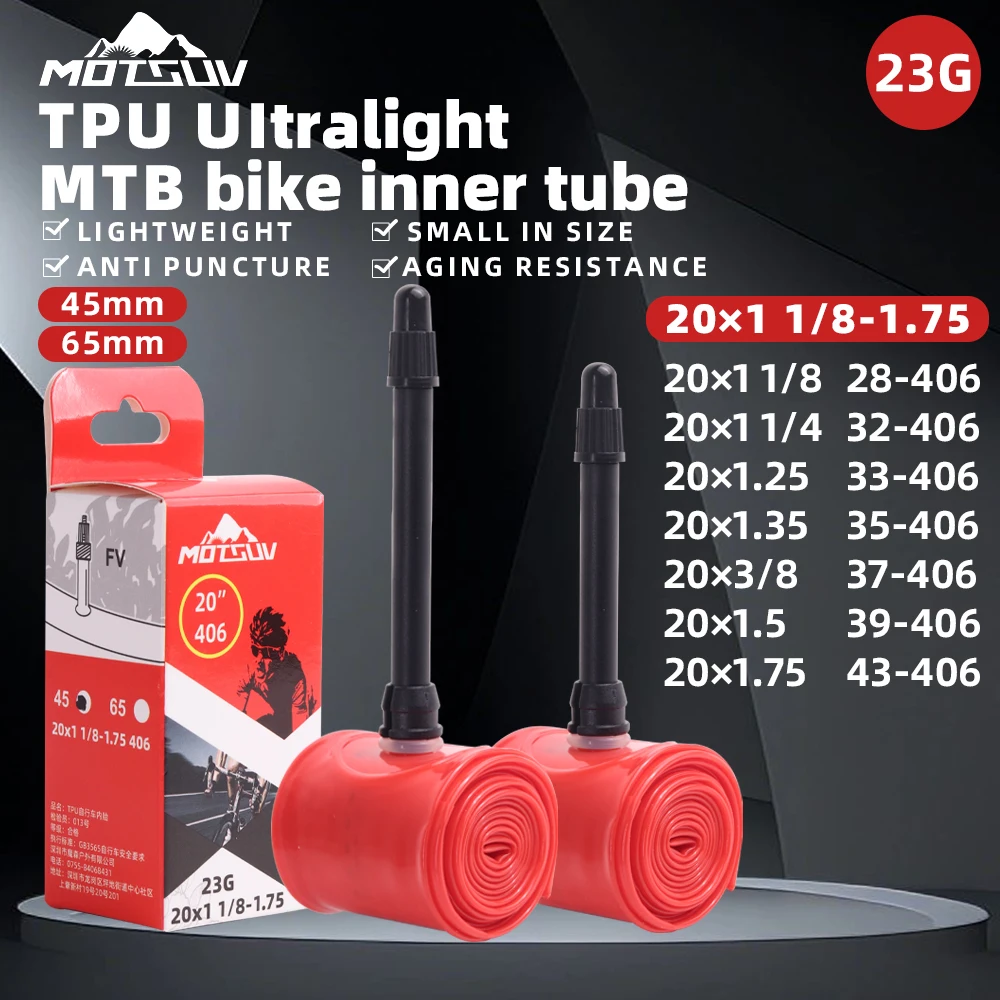 MOTSUV Bicycle Inner Tube Ultralight 23g 20inch 406 20x1.0-1.75 Cycling TPU Tube For BMX 406 Reinforced Valve Bike Accessories