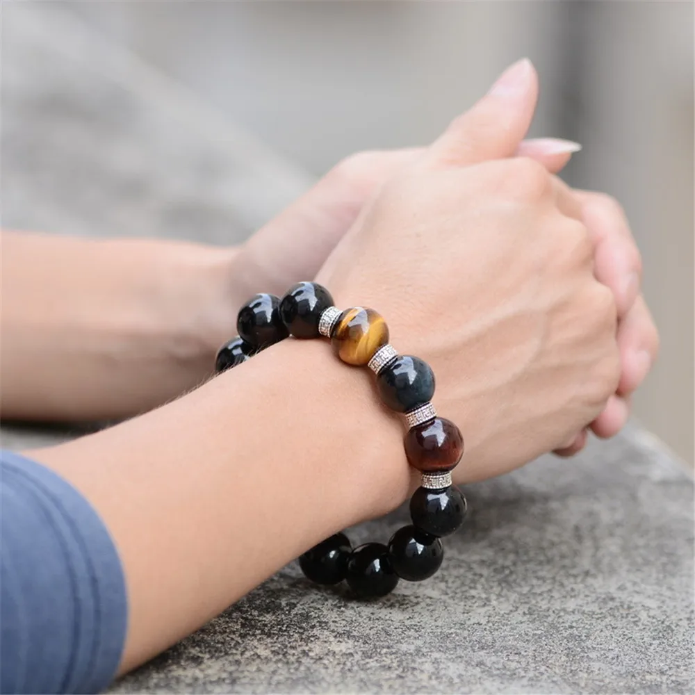 Natural 8-18mm Rainbow Tiger Eye Stone Obsidian Beads Bracelet for Men Women Around Beaded Bracelets Jewelry