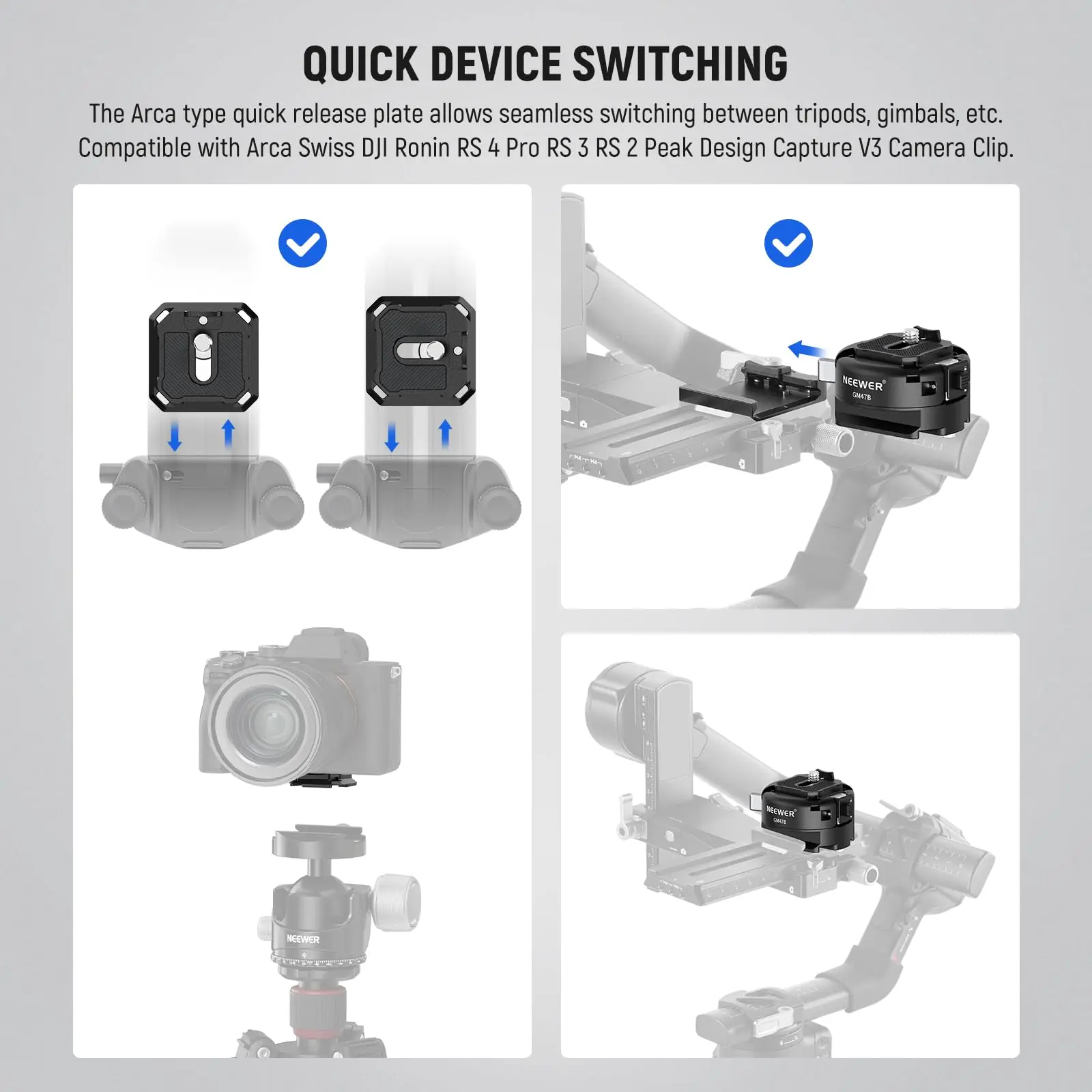 Neewer GM47 Zestaw płyt szybkiego uwalniania kompatybilny z Arca Swiss DJI Ronin RS 4 Pro RS 3 RS 2 Peak Design Capture V3 Camera Clip — zdjęcie produktu 6