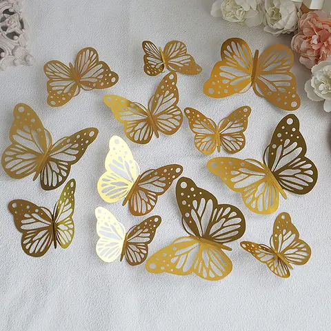 12pcs Happy Birthday Cake Topper Rose Gold Folding Type Butterfly Kids Party Cake Topper Dessert Decoration Baby Shower Gift