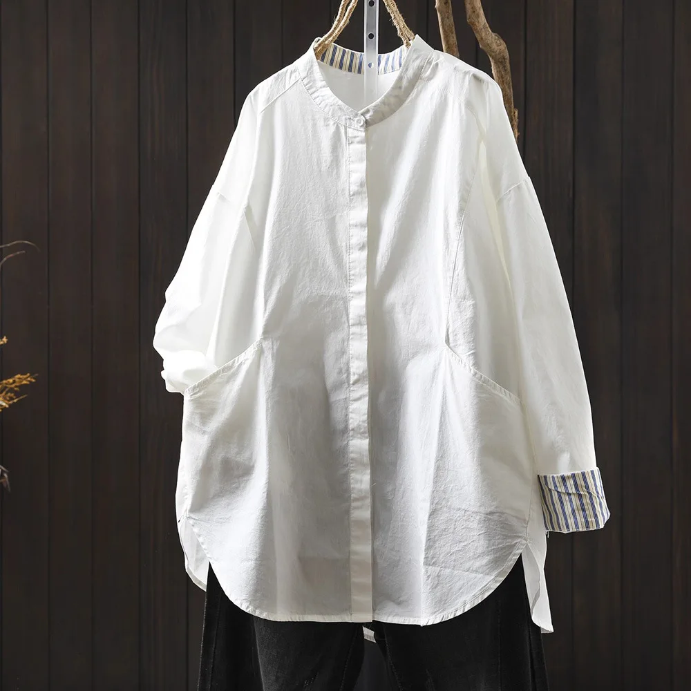 

Enianechu корейская одежда из чистого хлопка с воротником-стойкой, белые, синие рубашки большого размера, элегантные женские блузки, осенняя одежда хорошего качества
