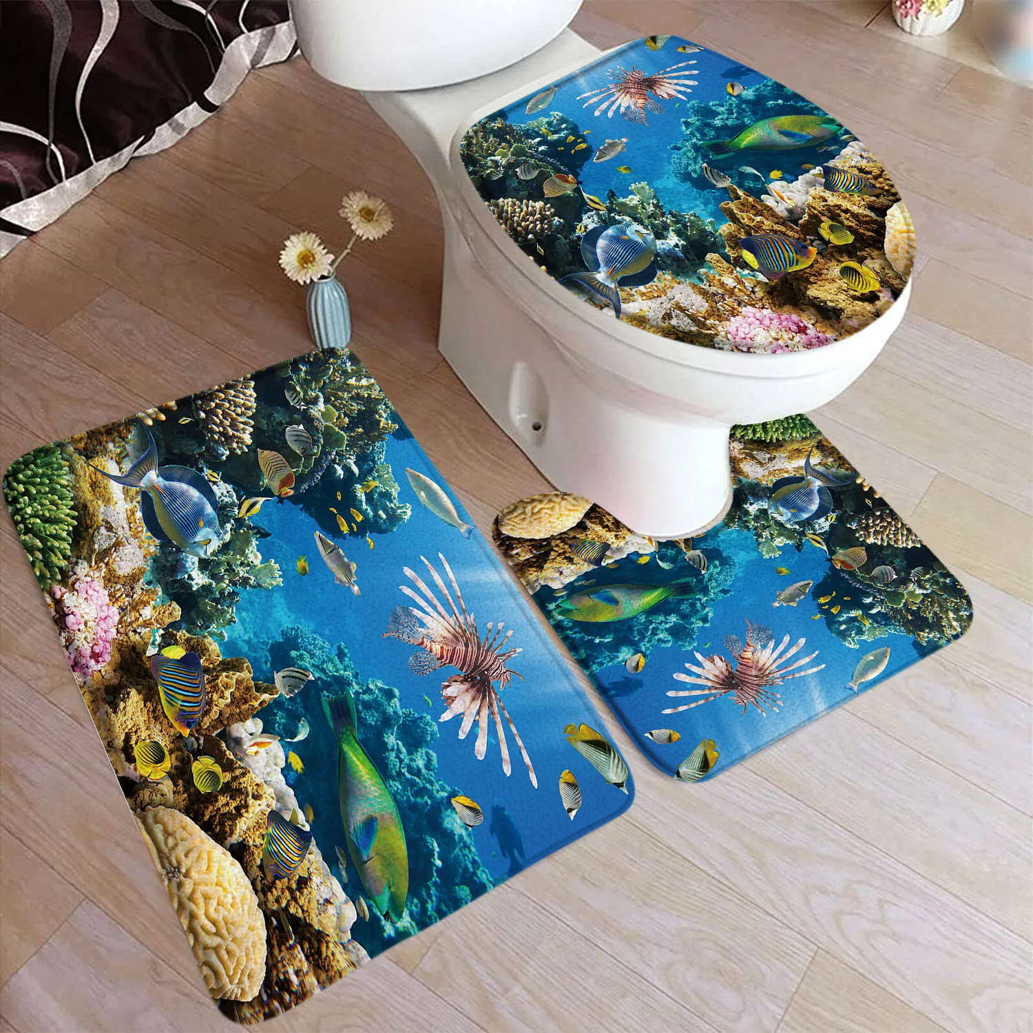 Dolphin Bath Mat Set Ocean Tropical Fish Coral Underwater Cave Nature Scenery Home Carpet Bathroom Decor Floor Rugs Toilet Cover