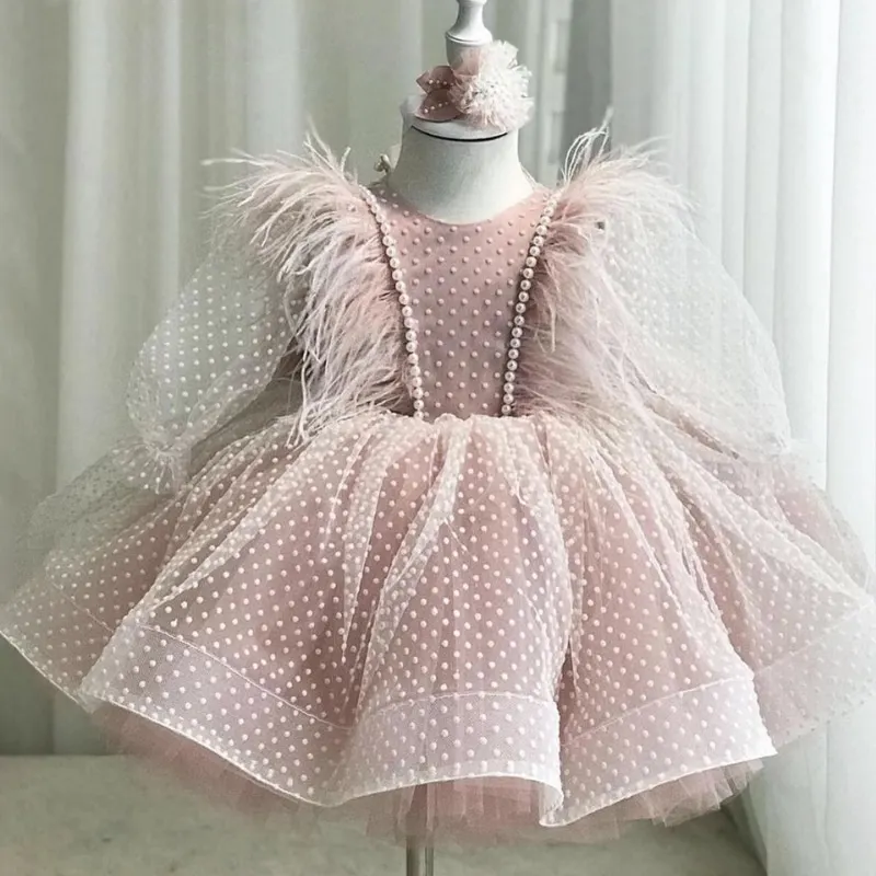 Fashion Baby Girl Princess Lace Feather Bow Dress Infant Child Teens Dot Pearl Vestido Birthday Party Pageant Baby Clothes 1-12Y