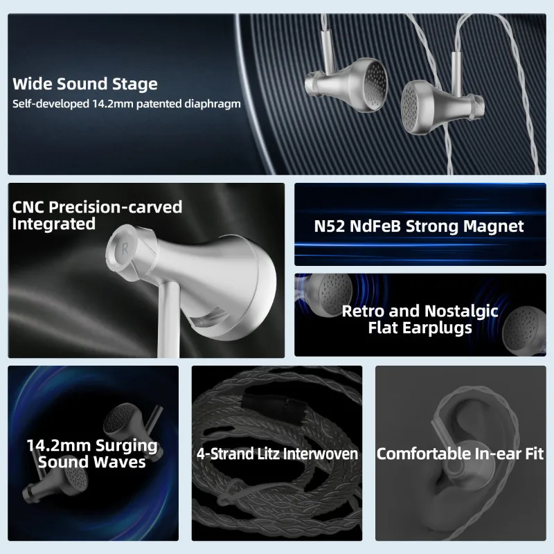 AOSHIDA E60 14,2mm diafragma patentado controlador dinámico auriculares planos calidad HiFi enchufable 4,4 + 3,5mm reemplazable