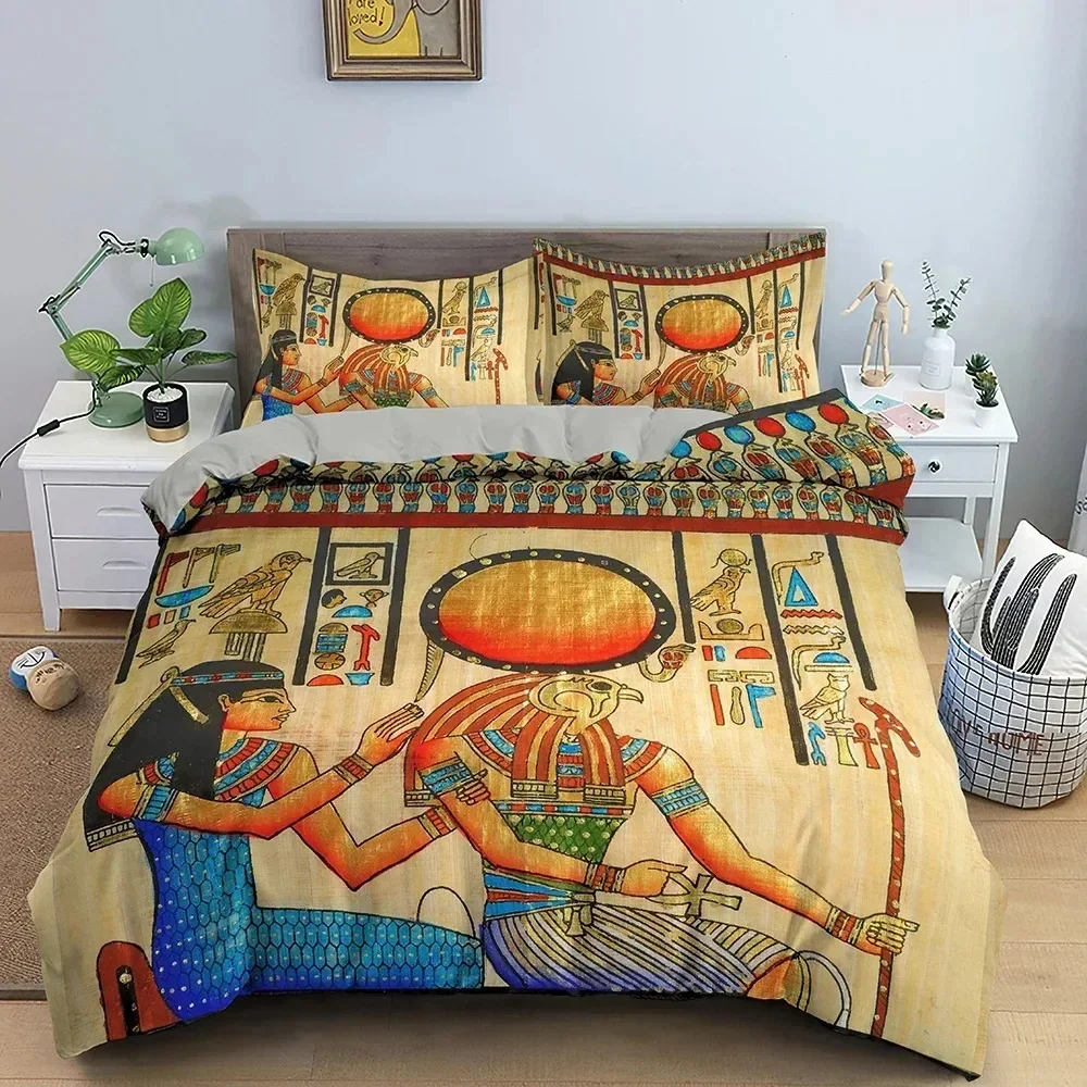 Egyptian Print Duvet Cover Set,3D Ancient Egypt Tribe Decor Comforter Cover Set for Adult Women King Size Polyester Bedding Set