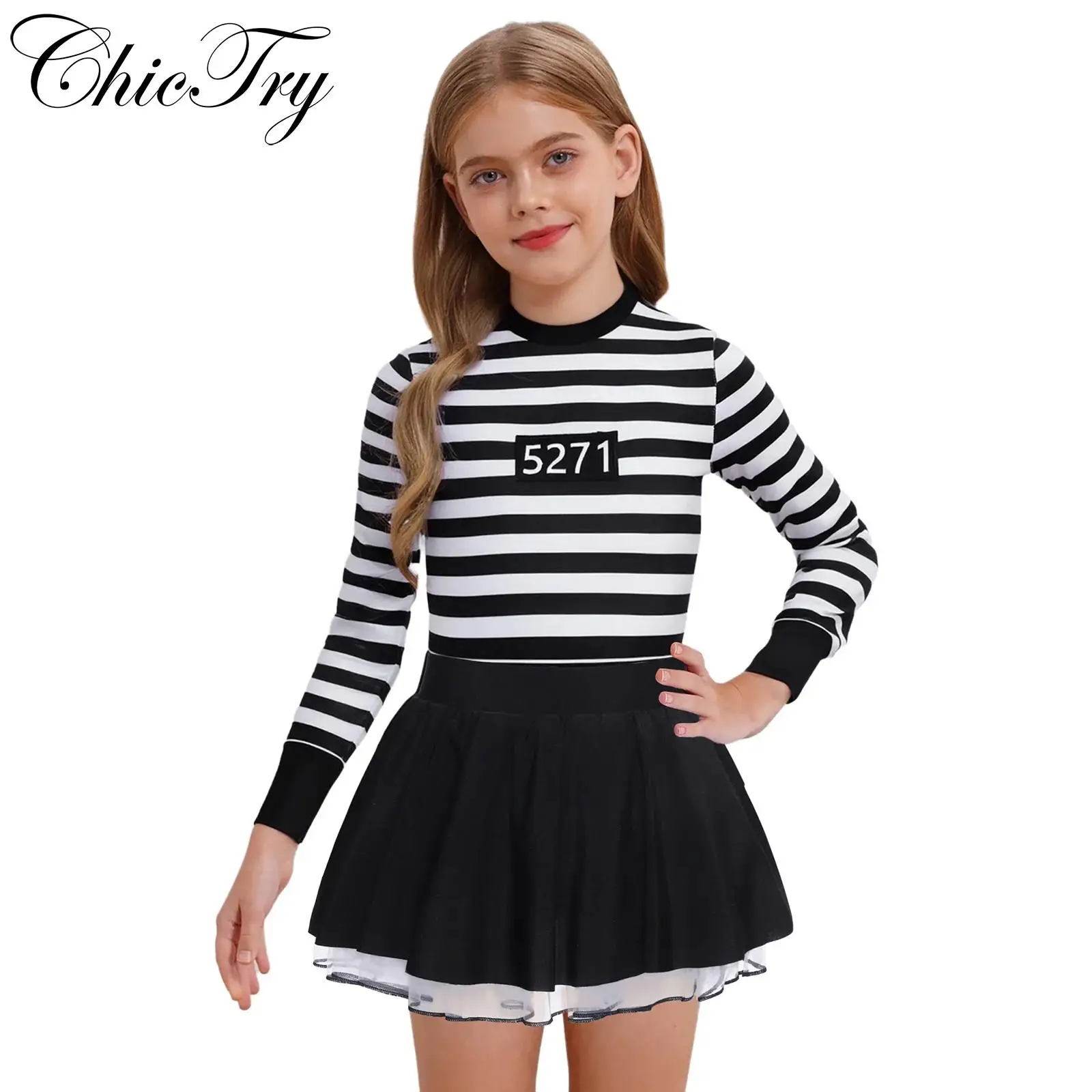 

Kids Girls Prisoner Cosplay Costume Striped Puffy Dress Long Sleeve Ruffled Skirt Tutu Puffy Dress Halloween Carnival Dress Up