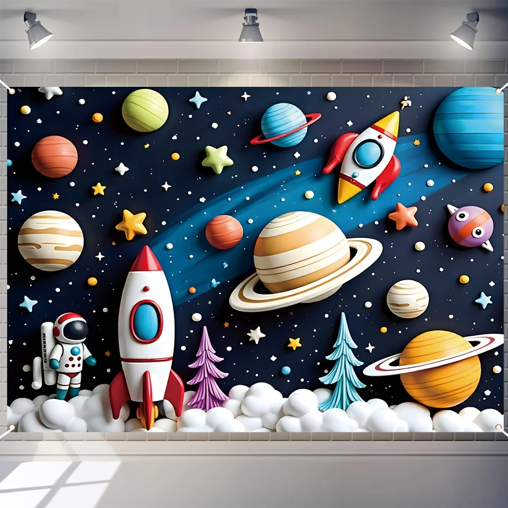 Tapiz de pared de cumpleaños Space Adventure, planetas de colores, estampado de astronauta y cohetes, decoración de fiesta infantil plegable y lavable, 1 ud.