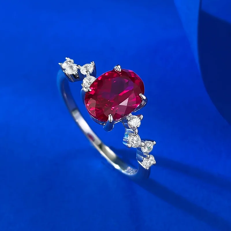 Live Streaming New S925 Silver Simulation Pigeon Blood Red 6 * 8mm Oval Red Corundum Fashionable and Simple Ring