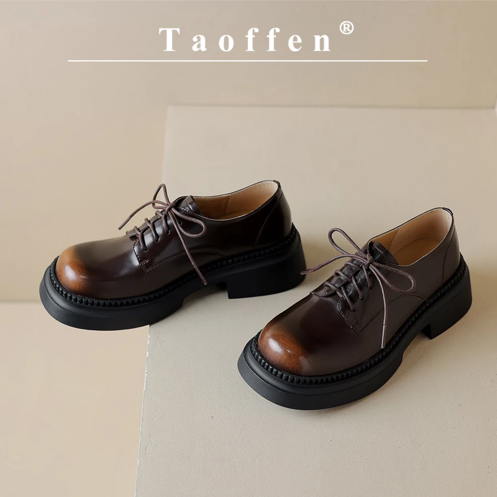 

Taoffen Casual Loafers For Women Genuine Leather Solid Square Heel Anti-slip Thick Sole Retro Round Toe Lace-up Office Shoes