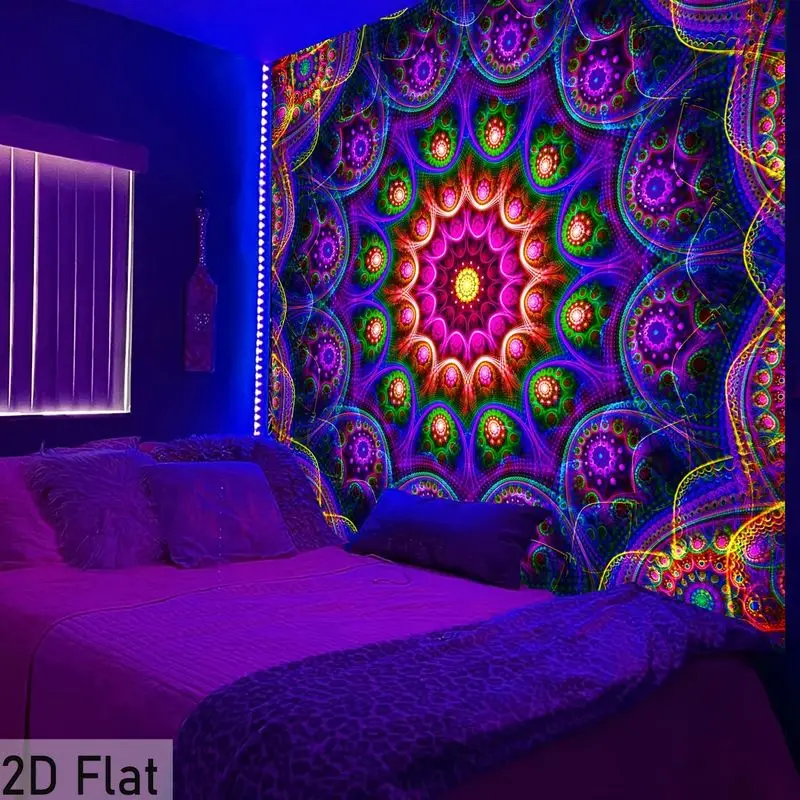 VIKAMA Psychedelic Mandala Wall Hanging UV Reactive Art For Dorm Living Room Trippy Aesthetic Background Home Decor