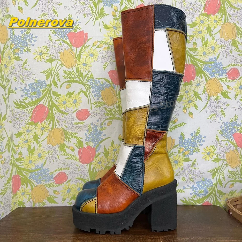 Women Retro Patchwork Leather Knee High Boots Color Block Chunky Platform Block Heel Vintage Y2K Streetwear Fashion Shoes 2026 view 4