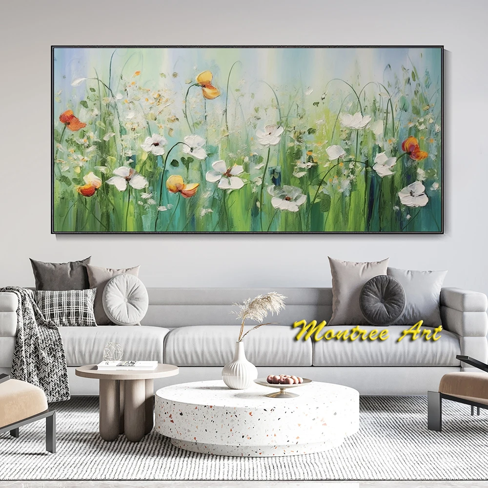 Hand Painted Oil Painting Abstract Green Meadow Orchid Landscape Art Large Green Botanical Textured Canvas Oil Painting Decor