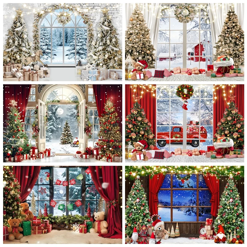 Winter Window Merry Christmas Backdrop Photography Santa Claus Xmas Tree Gifts Party Baby Portrait Photographic Background Props