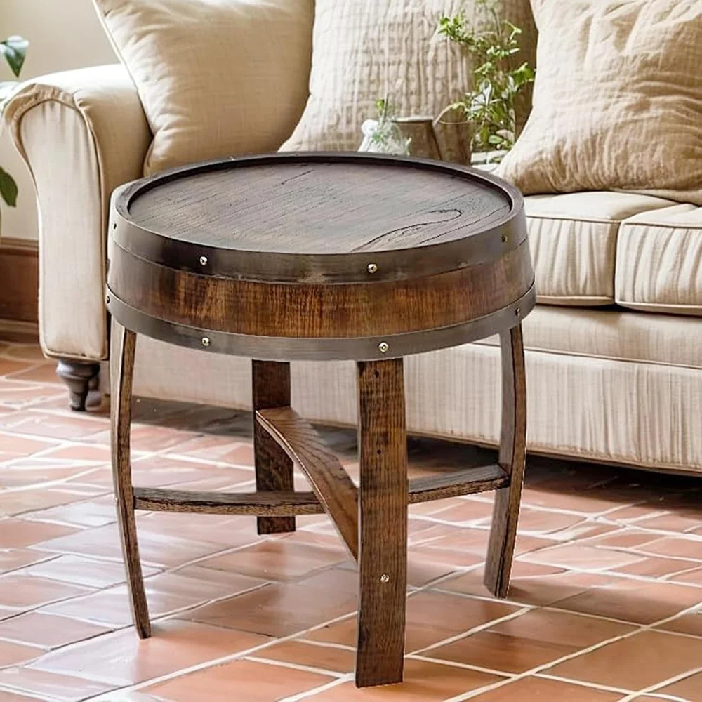 

Wine Barrel Table - Whiskey Barrel End Table for Living Room, Cafe, or Office Decor