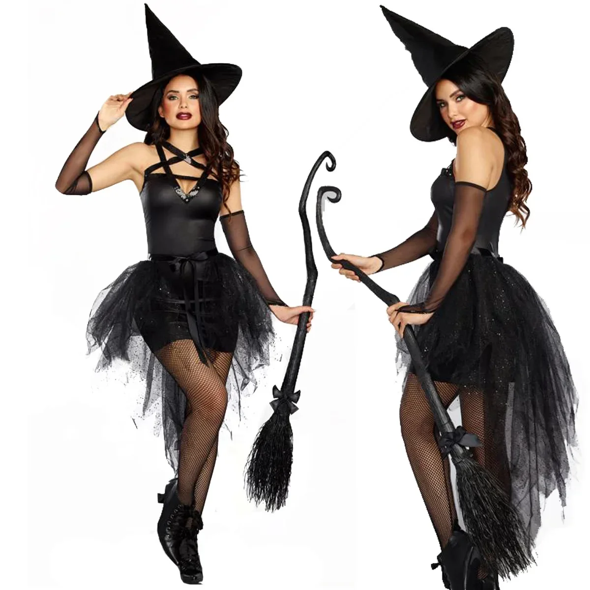 Fantasy Black Witch Fancy Dress Up Party Dress Carnival Performance Clothing Halloween Costume Sorceress Costume Adult Cosplay