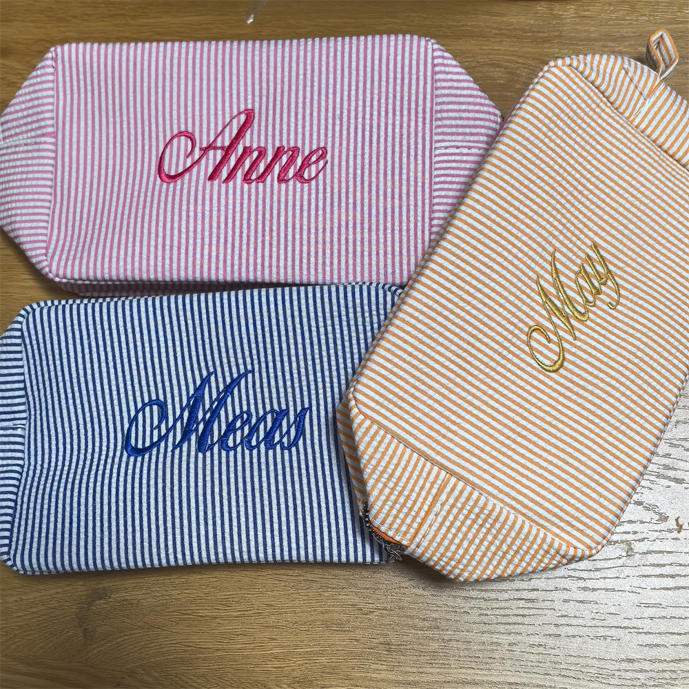 

Bridal Party Gift Seersucker Makeup Bag Custom Embroidered Name Girl's Cosmetic Bag Wedding Gift Women's Travel Toiletry Bags