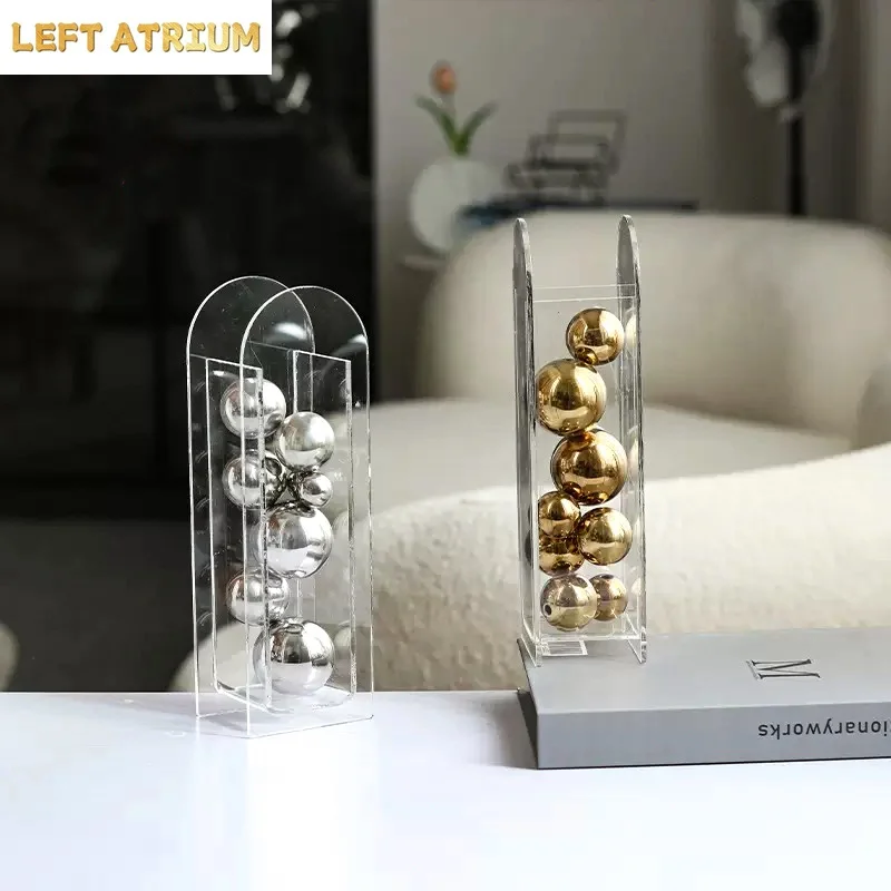 Abstract Art Metal Ball Square Transparent Box Acrylic Container Model Ornament Desk Decoration Ornaments Sphericity Crafts