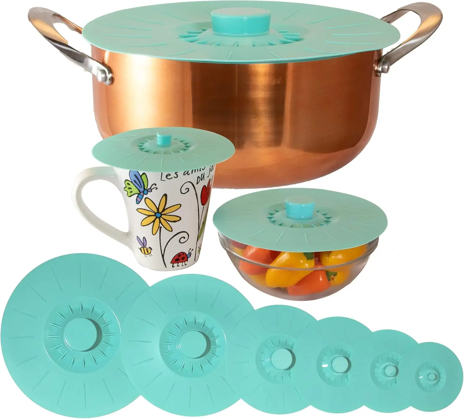 

Silicone Lids Extra Lar e Teal Set of 6 Sturdy Suction Seal Covers. Universal fit for Pots, Fry Pans, Cups, and Bowls 5