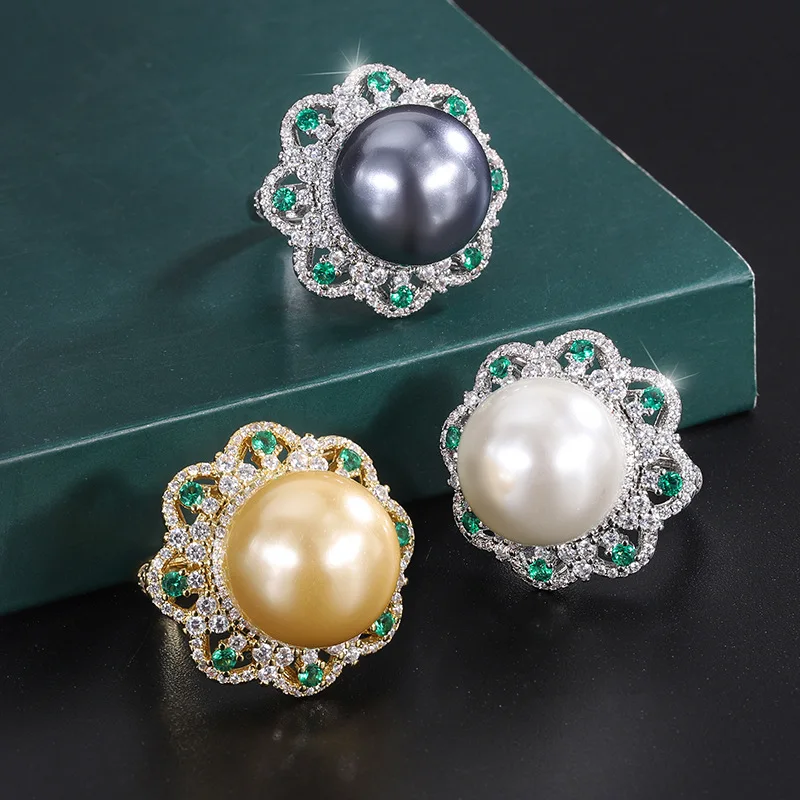 Affordable Luxury 16mm White Pearl Green 5A Top Quality Cubic Zirconia Adjustable Ring for Women Fashion Jewelry Bohemian Flair