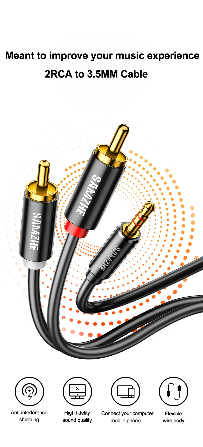 Samzhe rca kabel buchse 3,5mm zu rca audio kabel 3,5mm buchse zu 2rca männlich splitter aux kabel für tv pc verstärker dvd lautsprecher kabel – Detail 1